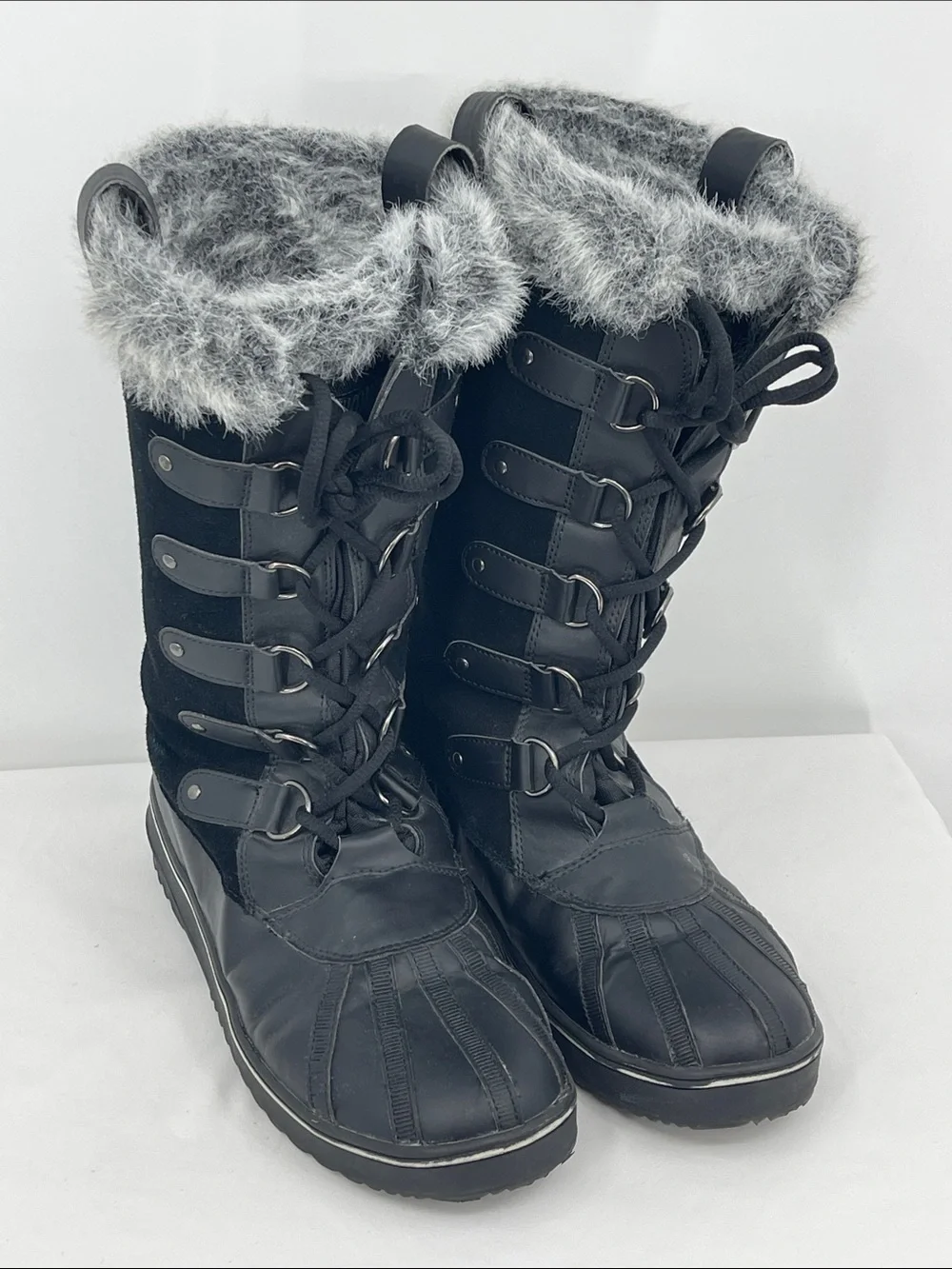 KHOMBU SIZE 11 Women's Black Faux-Fur Lace-Up Winter Boots with Grey Trim